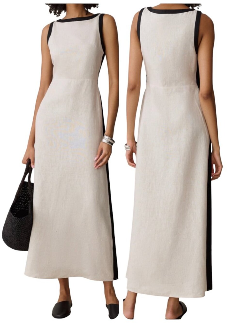 O.P.T. Claudette 100% Linen Maxi Dress Natural Black Size 2 NWT
